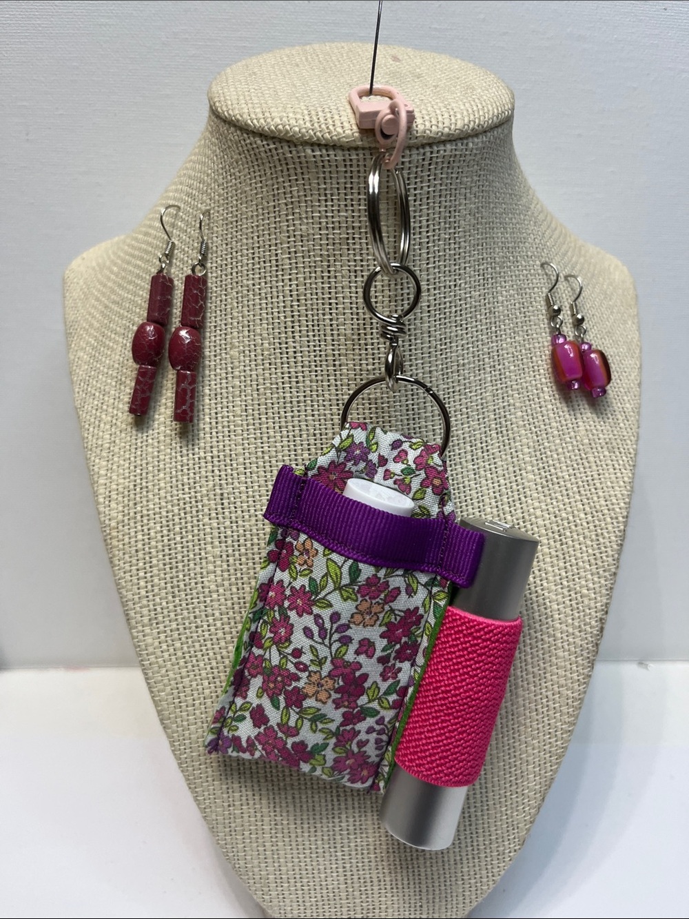Floral Gift  Set Double lipstick balm purse charm Keychain Pouch 2 pr earrings